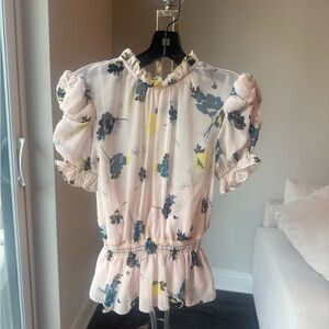 Self-Portrait Cream/light Pink Floral Peplum Blouse with Puff Sleeves
